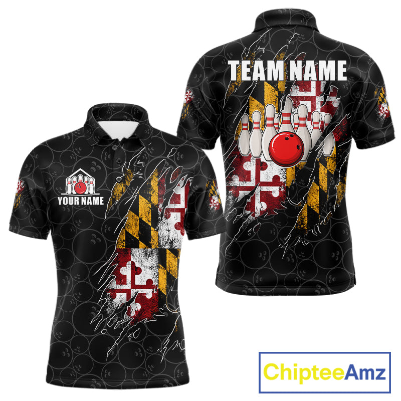Vintage Maryland Flag Bowling Shirts For Men Custom Patriotic Bowling Team Jersey | Black TDM7764