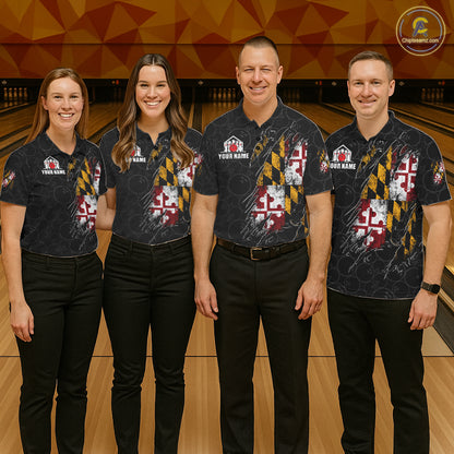 Vintage Maryland Flag Bowling Shirts For Women Custom Patriotic Bowling Team Jersey | Black TDM7764
