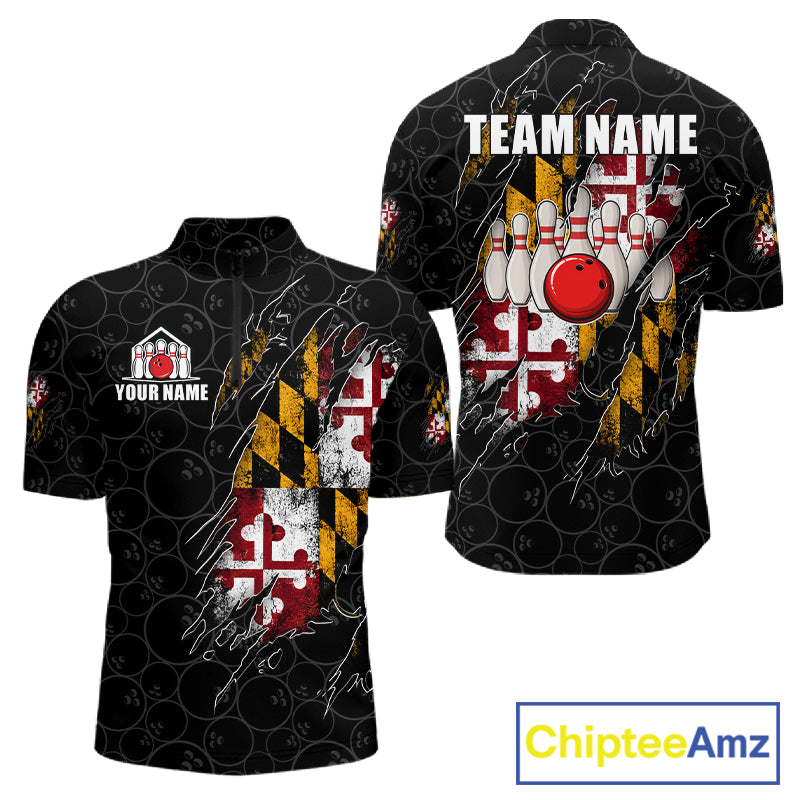 Vintage Maryland Flag Bowling Shirts For Men Custom Patriotic Bowling Team Jersey | Black TDM7764