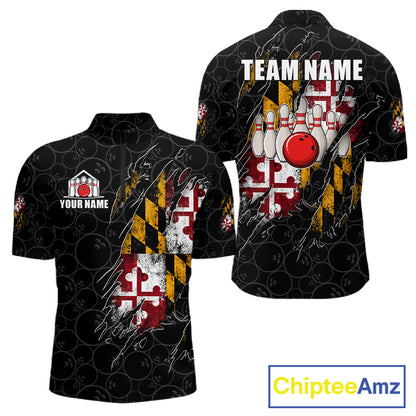 Vintage Maryland Flag Bowling Shirts For Men Custom Patriotic Bowling Team Jersey | Black TDM7764