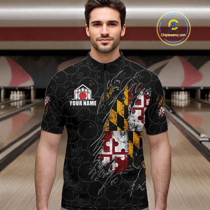 Vintage Maryland Flag Bowling Shirts For Men Custom Patriotic Bowling Team Jersey | Black TDM7764