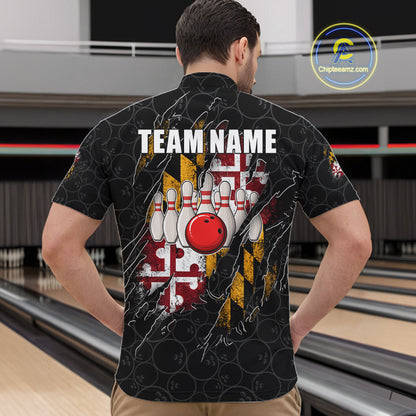 Vintage Maryland Flag Bowling Shirts For Men Custom Patriotic Bowling Team Jersey | Black TDM7764