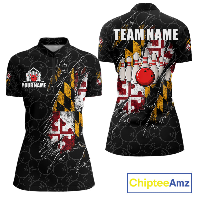 Vintage Maryland Flag Bowling Shirts For Women Custom Patriotic Bowling Team Jersey | Black TDM7764
