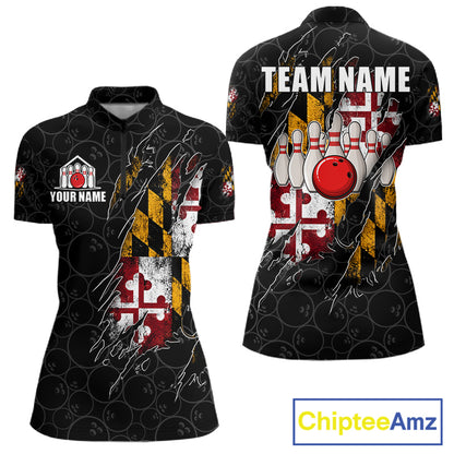 Vintage Maryland Flag Bowling Shirts For Women Custom Patriotic Bowling Team Jersey | Black TDM7764