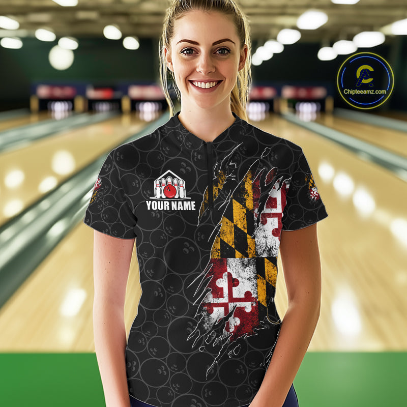 Vintage Maryland Flag Bowling Shirts For Women Custom Patriotic Bowling Team Jersey | Black TDM7764