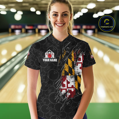 Vintage Maryland Flag Bowling Shirts For Women Custom Patriotic Bowling Team Jersey | Black TDM7764