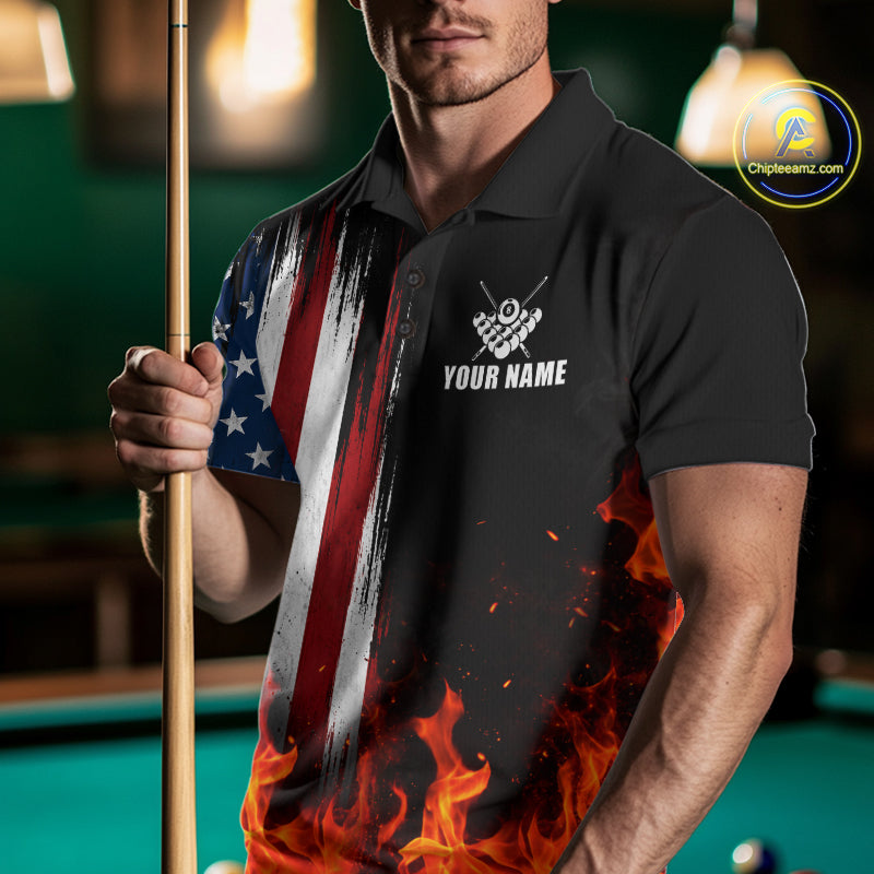 Custom Flame American Flag Billiard Jersey For Men, Patriotic Pool Team Shirts Polo & 1/4 Zip TDM8093