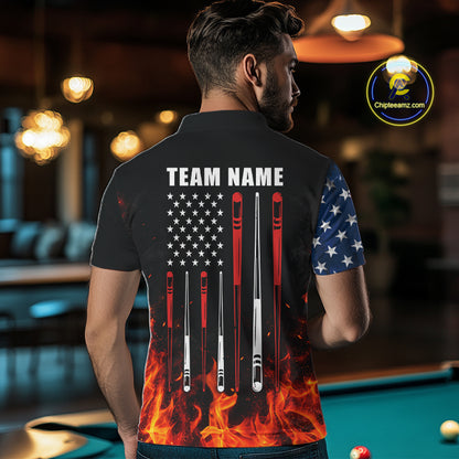Custom Flame American Flag Billiard Jersey For Men, Patriotic Pool Team Shirts Polo & 1/4 Zip TDM8093