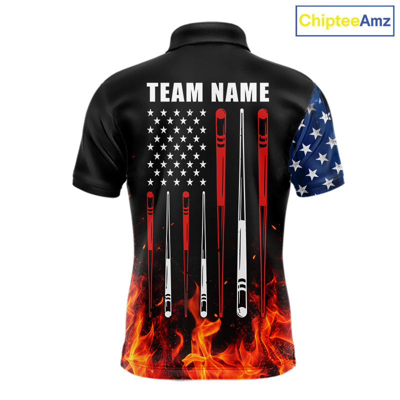 Custom Flame American Flag Billiard Jersey For Men, Patriotic Pool Team Shirts Polo & 1/4 Zip TDM8093