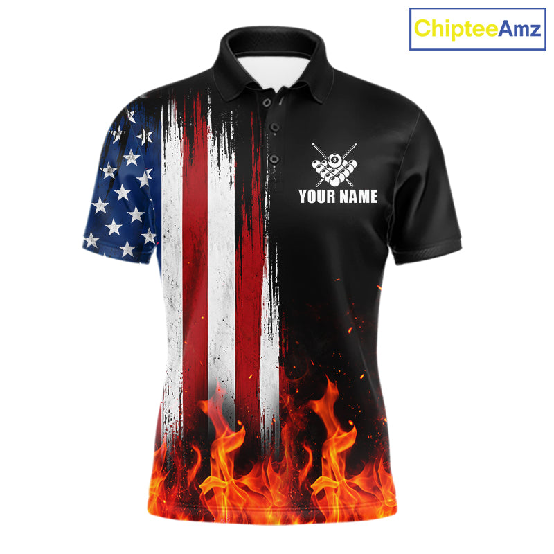 Custom Flame American Flag Billiard Jersey For Men, Patriotic Pool Team Shirts Polo & 1/4 Zip TDM8093