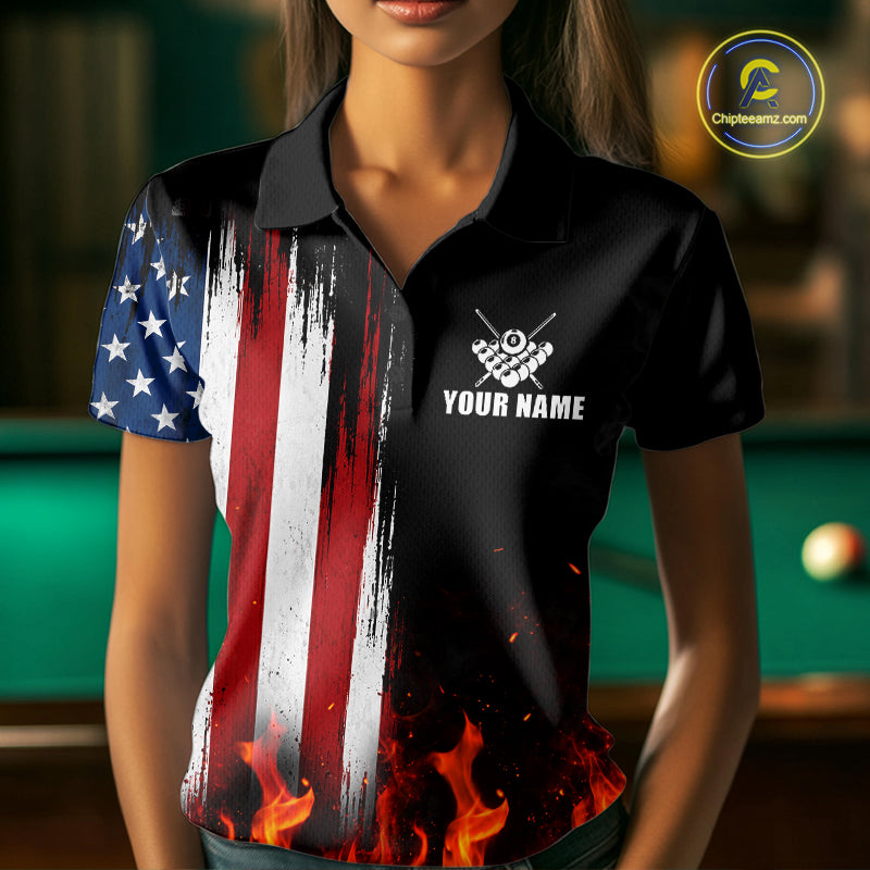 Custom Flame American Flag Billiard Jersey For Women, Patriotic Pool Team Shirts Polo & 1/4 Zip TDM8093