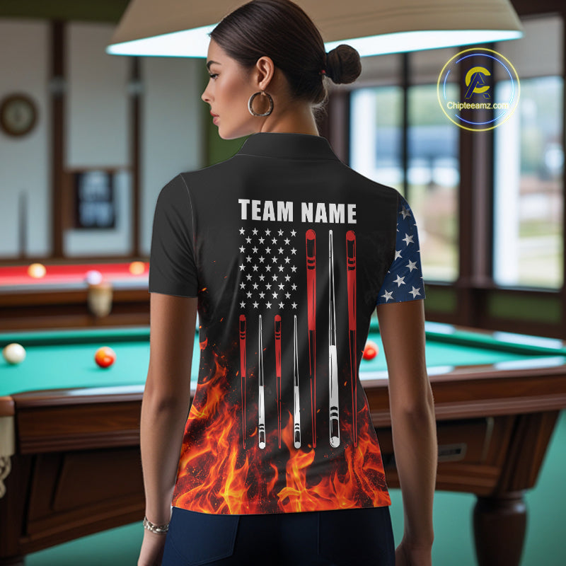 Custom Flame American Flag Billiard Jersey For Women, Patriotic Pool Team Shirts Polo & 1/4 Zip TDM8093