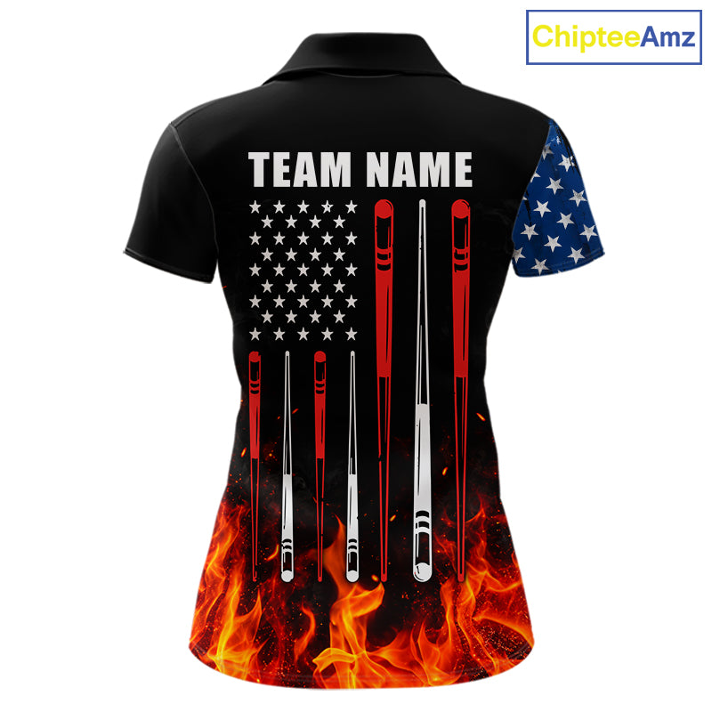 Custom Flame American Flag Billiard Jersey For Women, Patriotic Pool Team Shirts Polo & 1/4 Zip TDM8093