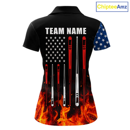Custom Flame American Flag Billiard Jersey For Women, Patriotic Pool Team Shirts Polo & 1/4 Zip TDM8093