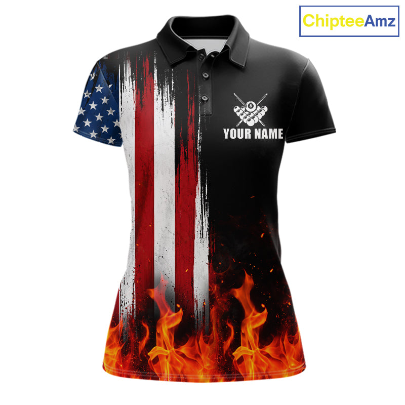 Custom Flame American Flag Billiard Jersey For Women, Patriotic Pool Team Shirts Polo & 1/4 Zip TDM8093