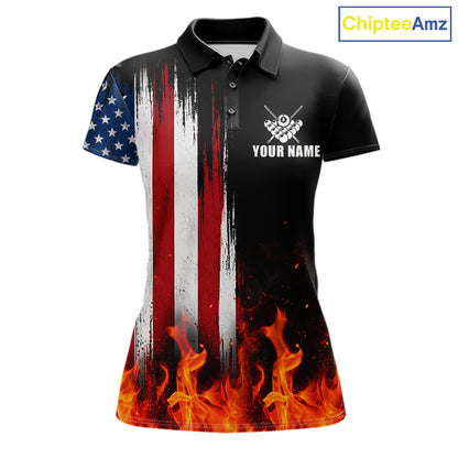 Custom Flame American Flag Billiard Jersey For Women, Patriotic Pool Team Shirts Polo & 1/4 Zip TDM8093