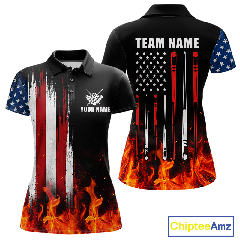 Custom Flame American Flag Billiard Jersey For Women, Patriotic Pool Team Shirts Polo & 1/4 Zip TDM8093