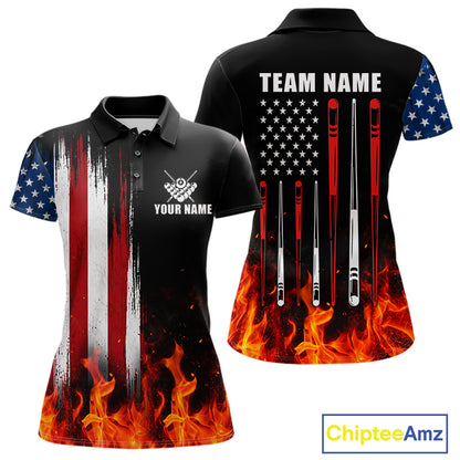 Custom Flame American Flag Billiard Jersey For Women, Patriotic Pool Team Shirts Polo & 1/4 Zip TDM8093