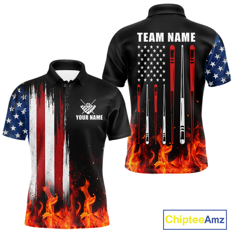 Custom Flame American Flag Billiard Jersey For Men, Patriotic Pool Team Shirts Polo & 1/4 Zip TDM8093