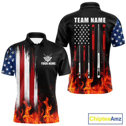 Custom Flame American Flag Billiard Jersey For Men, Patriotic Pool Team Shirts Polo & 1/4 Zip TDM8093