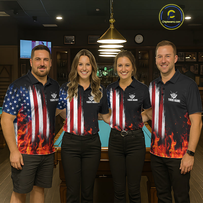 Custom Flame American Flag Billiard Jersey For Men, Patriotic Pool Team Shirts Polo & 1/4 Zip TDM8093