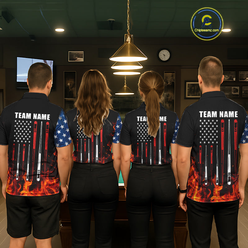 Custom Flame American Flag Billiard Jersey For Men, Patriotic Pool Team Shirts Polo & 1/4 Zip TDM8093