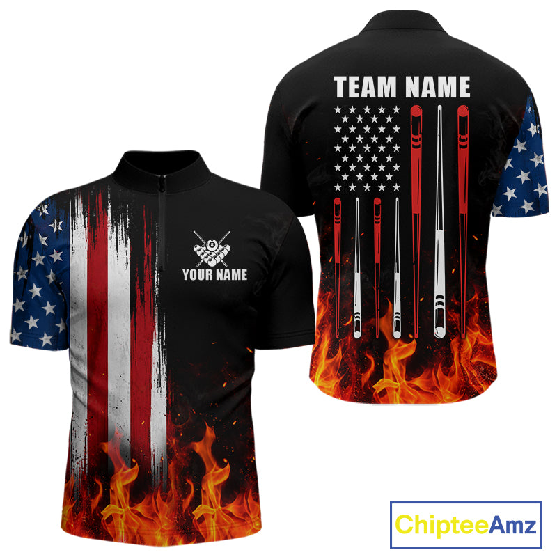 Custom Flame American Flag Billiard Jersey For Men, Patriotic Pool Team Shirts Polo & 1/4 Zip TDM8093