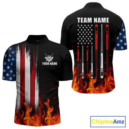 Custom Flame American Flag Billiard Jersey For Men, Patriotic Pool Team Shirts Polo & 1/4 Zip TDM8093