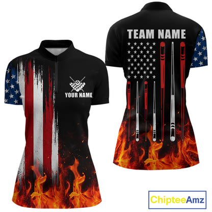 Custom Flame American Flag Billiard Jersey For Women, Patriotic Pool Team Shirts Polo & 1/4 Zip TDM8093