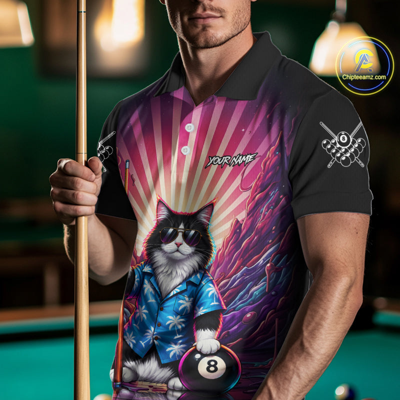 Funny Cat Pink Billiard Shirts For Men Custom 8 Ball Pool Team Jersey, Gifts For Pool Players TDM8094