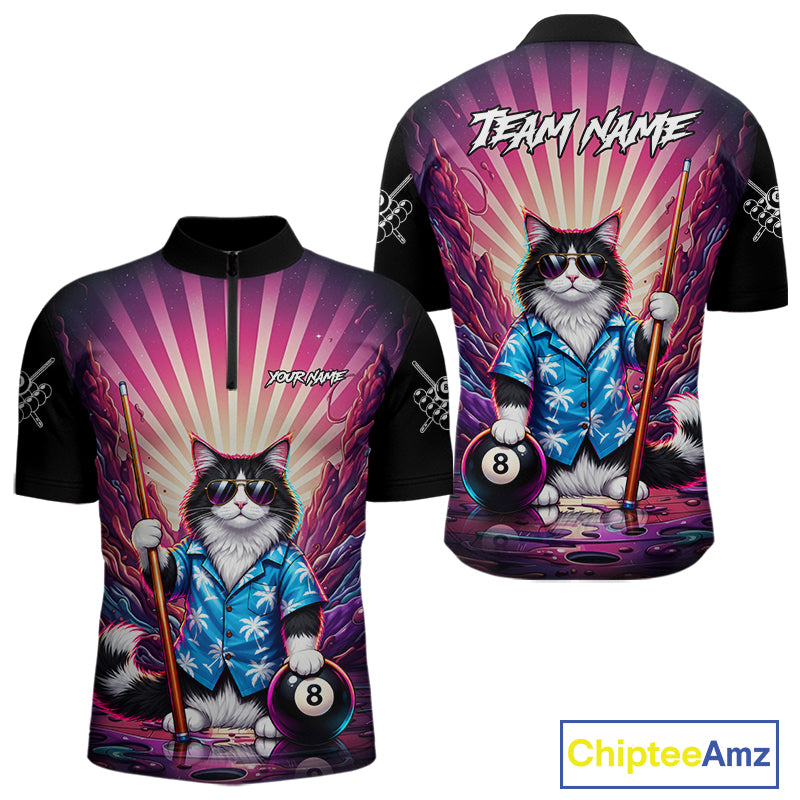Funny Cat Pink Billiard Shirts For Men Custom 8 Ball Pool Team Jersey, Gifts For Pool Players TDM8094