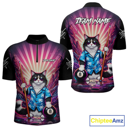 Funny Cat Pink Billiard Shirts For Men Custom 8 Ball Pool Team Jersey, Gifts For Pool Players TDM8094