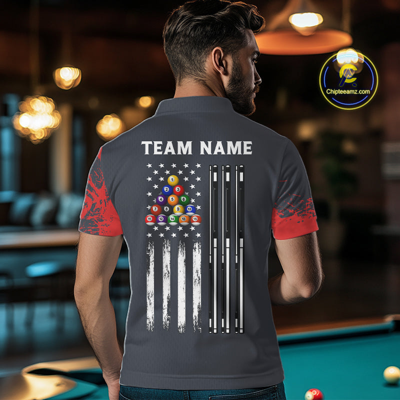 Red 8 Ball Pool Grunge American Flag Billiard Shirts For Men Custom Patriotic Billiard Team Jersey TDM8100