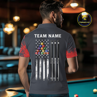 Red 8 Ball Pool Grunge American Flag Billiard Shirts For Men Custom Patriotic Billiard Team Jersey TDM8100