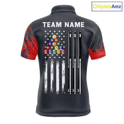 Red 8 Ball Pool Grunge American Flag Billiard Shirts For Men Custom Patriotic Billiard Team Jersey TDM8100