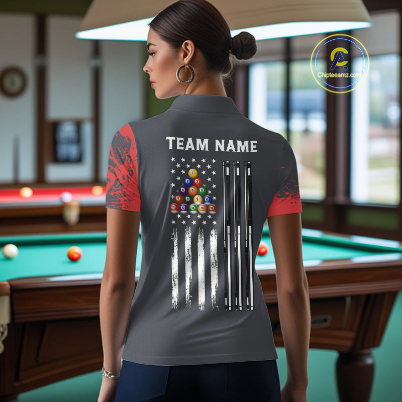 Red 8 Ball Pool Grunge American Flag Billiard Shirts For Women Custom Patriotic Billiard Team Jersey TDM8100