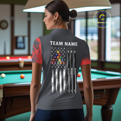 Red 8 Ball Pool Grunge American Flag Billiard Shirts For Women Custom Patriotic Billiard Team Jersey TDM8100