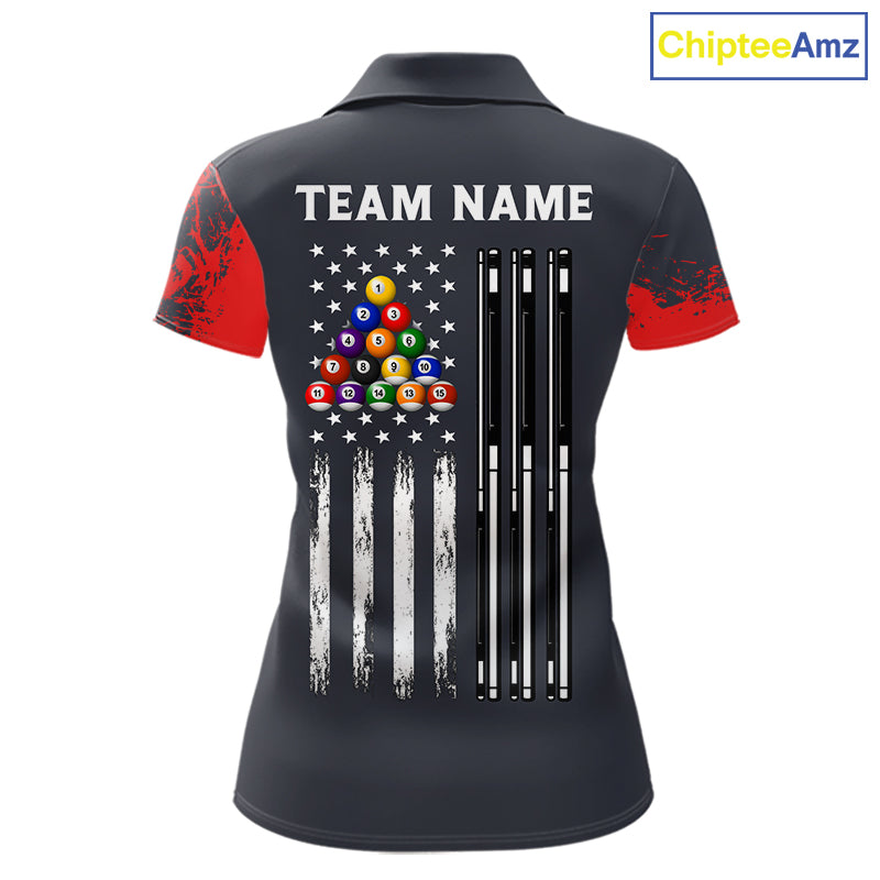 Red 8 Ball Pool Grunge American Flag Billiard Shirts For Women Custom Patriotic Billiard Team Jersey TDM8100