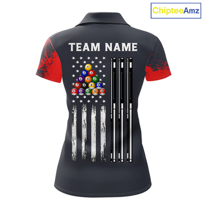 Red 8 Ball Pool Grunge American Flag Billiard Shirts For Women Custom Patriotic Billiard Team Jersey TDM8100
