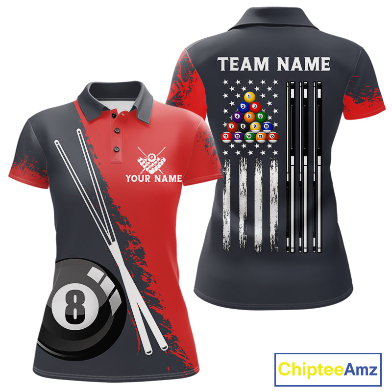 Red 8 Ball Pool Grunge American Flag Billiard Shirts For Women Custom Patriotic Billiard Team Jersey TDM8100