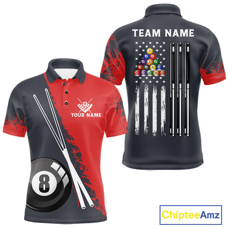 Red 8 Ball Pool Grunge American Flag Billiard Shirts For Men Custom Patriotic Billiard Team Jersey TDM8100