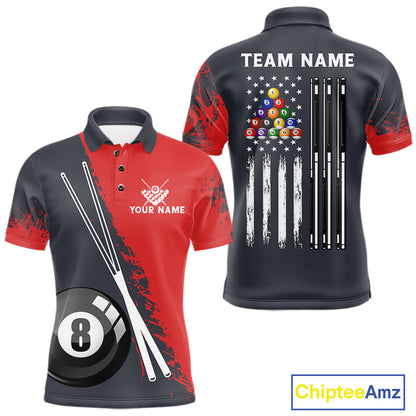 Red 8 Ball Pool Grunge American Flag Billiard Shirts For Men Custom Patriotic Billiard Team Jersey TDM8100