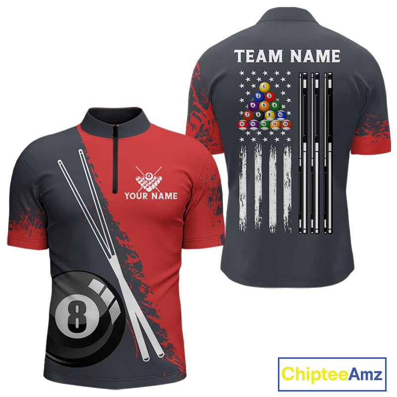 Red 8 Ball Pool Grunge American Flag Billiard Shirts For Men Custom Patriotic Billiard Team Jersey TDM8100