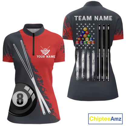 Red 8 Ball Pool Grunge American Flag Billiard Shirts For Women Custom Patriotic Billiard Team Jersey TDM8100