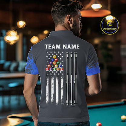 Blue 8 Ball Pool Grunge US Flag Billiard Shirts For Men Custom Patriotic Billiard Team Jersey TDM8101