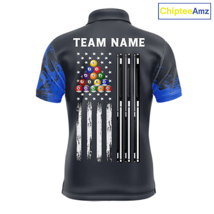 Blue 8 Ball Pool Grunge US Flag Billiard Shirts For Men Custom Patriotic Billiard Team Jersey TDM8101