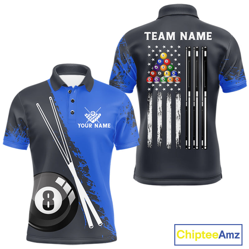 Blue 8 Ball Pool Grunge US Flag Billiard Shirts For Men Custom Patriotic Billiard Team Jersey TDM8101
