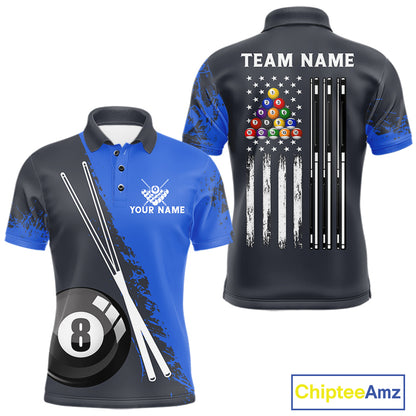 Blue 8 Ball Pool Grunge US Flag Billiard Shirts For Men Custom Patriotic Billiard Team Jersey TDM8101