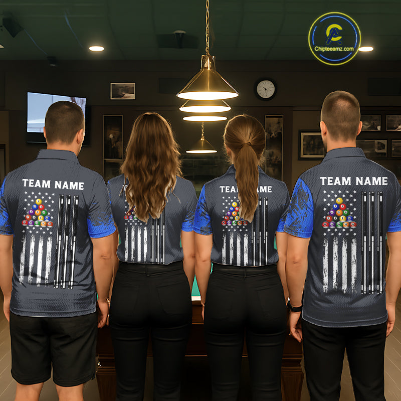 Blue 8 Ball Pool Grunge US Flag Billiard Shirts For Men Custom Patriotic Billiard Team Jersey TDM8101
