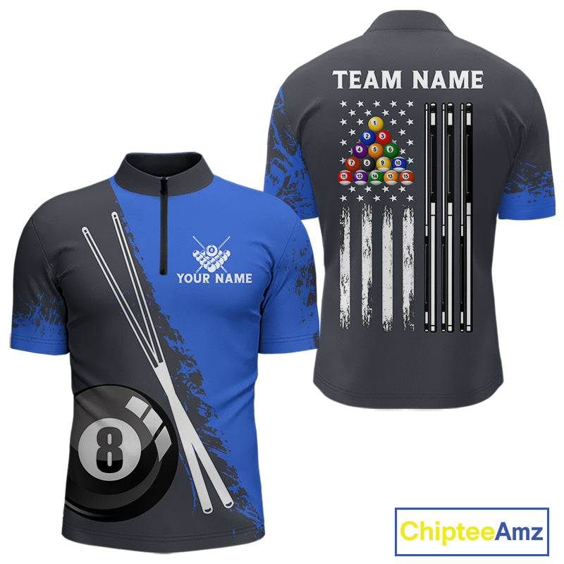 Blue 8 Ball Pool Grunge US Flag Billiard Shirts For Men Custom Patriotic Billiard Team Jersey TDM8101